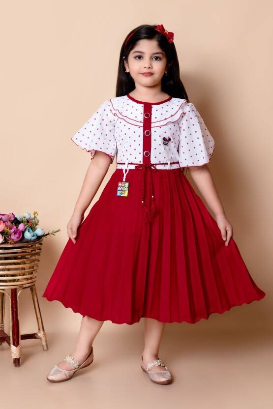 Girls Below Knee Party Dress(Maroon, Half Sleeve)