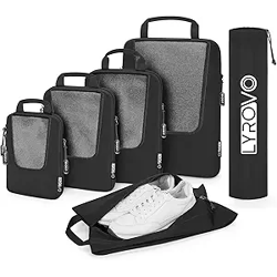 Lyrovo Polyester 6 Set Compression Packing Cubes Travel Accessories Expandable Packing Organizers Pouch (Black)