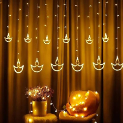 Lexton Diya Curtain String Lights 6 Big Diya and 6 Small Diya with 8 Flashing Modes- Decoration for Home (Warm White, Pack of 1), Standard