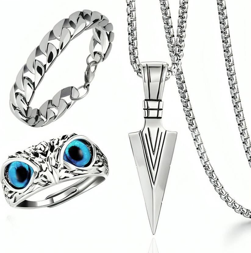 Men Arrow Locket & Owl Ring & Silver Bracelets pack of 3 item Silver Plated Stainless Steel Chain