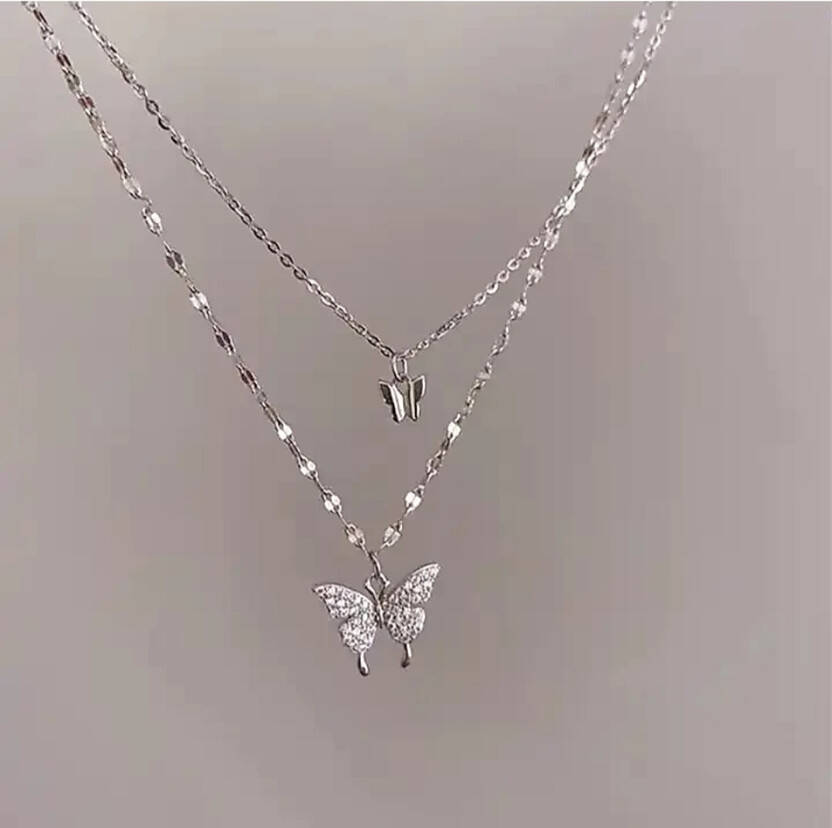 Layered Butterfly Pendant Necklaces Cubic Zirconia Silver Plated Stainless Steel Chain