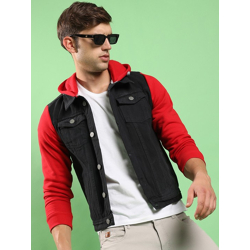 Red & black Hooded Windcheater Cotton Denim Jacket