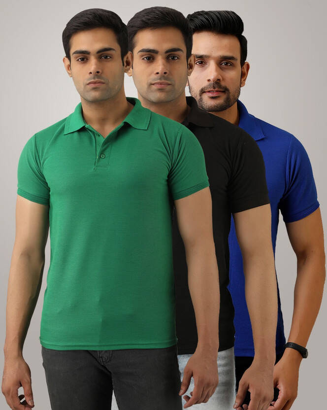 Pack of 3 Men Solid Polo Neck Cotton Blend Multicolor T-Shirt