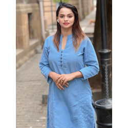 Women Solid Mandarin Collar Straight Denim Kurta