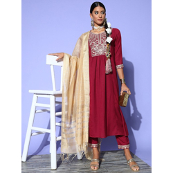 Paisley Yoke Design Empire Sequinned A-Line Kurta with Trousers & Dupatta