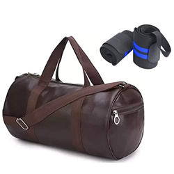 Raizex Combo Pack Of Pu-Leather Gym Bag Gym Duffel Bag With Shoulder Strap For Men's & Women's With Blue Wrist Support Band For Daily Exercise., 23 Cm