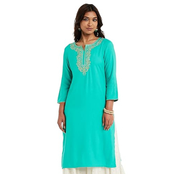 Amazon Brand - Myx Women's Rayon Regular Fit Kurta (MYX-AW23-BC-KU-02_Teal_L)