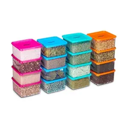 Amazon Brand - Solimo Fresia Modular Container with Lid | Set of 16 | Airtight | BPA-free | Microwave-friendly | 670 ml each |11.8L x 11.8W x 25.5H Cm | Multicolor