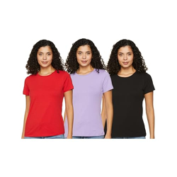 Amazon Brand - Symbol Women's Regular T-Shirt (RN-PO3-COMBO24_Black, Red & Lavendar L)