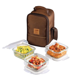 CELLO MF Glassy Seal O Fresh Glass Lunch Box Set of 3 Square Containers, 350ml Each with Jacket | Microwavable Borosilicate Glass | Leak Proof Design | Tiffin for Office/School/College | Transparent