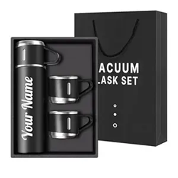 CORPORATE PORIUM Your Name Printed Double Wall Stainless Steel Thermo 500ml Vacuum Insulated Bottle Water Flask Gift Set with Two Cups Hot & Cold | Black Color Corporate Gift Items