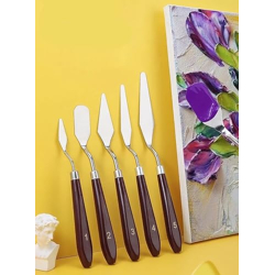 GLUN Set of 5 Palette Knives for Painting, Various Size & Shape, Stainless Steel Spatula, Brown Number Polished Handle for Artist Canvas Oil Paint Color