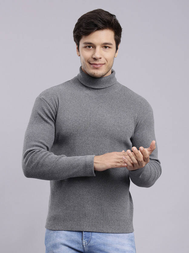Men Solid High Neck Grey Sweater