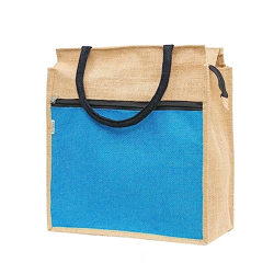 JUTEKA Front Zip Pocket Sky Blue color Jute Bag for Lunch, Office, Grocery, Picnic, Tiffin, Shopping Hand Bag with padded cotton handles