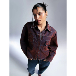 Women Spread Collar Washed Self Design Casual Denim Jacket