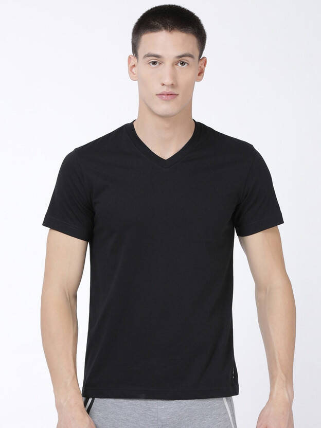 Men Solid V Neck Pure Cotton Black T-Shirt
