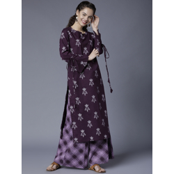 Vishudh Women Purple & Grey Printed Kurta with Checked Palazzos