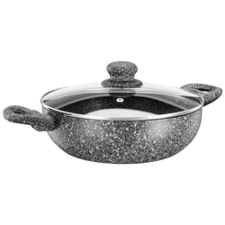 amazon basics Aluminium Granite Finish Kadhai with Glass Lid | Non-Stick | Soft Touch Handles | Induction Bottom | 2500 ml | Grey