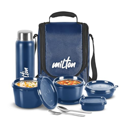 MILTON Pro Lunch Box with Steel Cutlery, 3 Microwave Safe Inner Steel Containers (180 ml, 320 ml, 450 ml), Plastic Chutney Dabba,100 ml, Steel Bottle, 750 ml with Insulated Bag, Office Tiffin, Blue