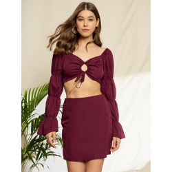 Berrylush Maroon V-Neck Top With Skirt