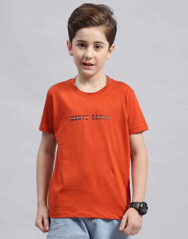 Boys Printed Pure Cotton Regular T Shirt(Brown, Pack of 1)