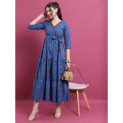 Vishudh Blue Ethnic Motifs Printed V-Neck Tiered Empire Midi Ethnic Dress