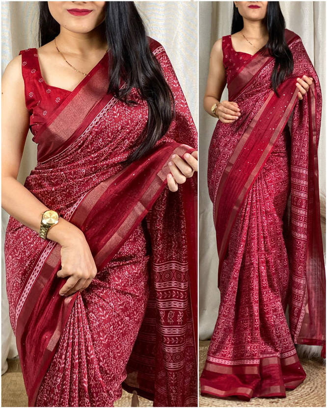 Printed Kalamkari Cotton Silk Saree(Maroon)