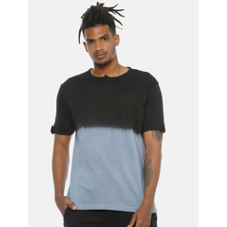 Campus Sutra Black & Grey Tie & Dye Henley Neck Cotton T-shirt