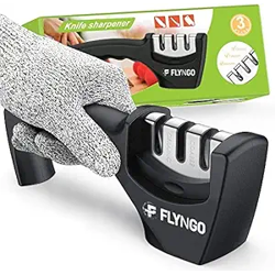 FLYNGO Manual Knife Sharpener 3 Stage Sharpening Tool for Ceramic Knife and Steel Knives (Black)