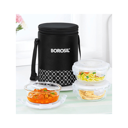 BOROSIL 3pcs Black & Transparent Glass Lunch Box With Insulated Lunch Bag 400 ml