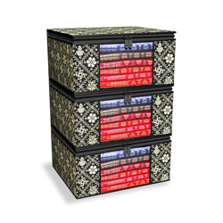 FabPax Set of 3 Non Woven Royal Print Foldable Saree Covers with Transparent Window, Saree Bags, Saree Covers for Storage, Wardrobe Organiser (40x32x21cm) (Black - Golden)