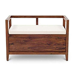 SAAMENIA FURNITURES Solid Sheesham Wood Armrest Bench Furniture Set with Storage and Cushions for Living Room | Bedroom | Drawing Hall (Honey Finish, Queen)