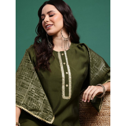 Round Neck Regular Sequinned Kurta with Trousers & Dupatta