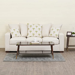 Home Centre Cane Connection Beige Solid Cotton Linen Three Seater Sofa - Length 205cm