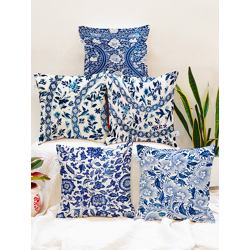 STITCHNEST Blue & Off White Set of 5 Ethnic Motifs Square Cushion Covers