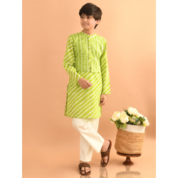 LilPicks Leheriya Printed Band Collar Pure Cotton Straight Kurta With Pyjamas