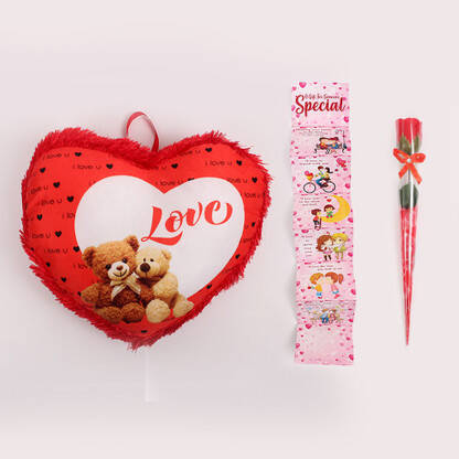 Kiddie Castle Love Heart Cushion With Greeting Card and Rose  - 26 cm(Multicolor)