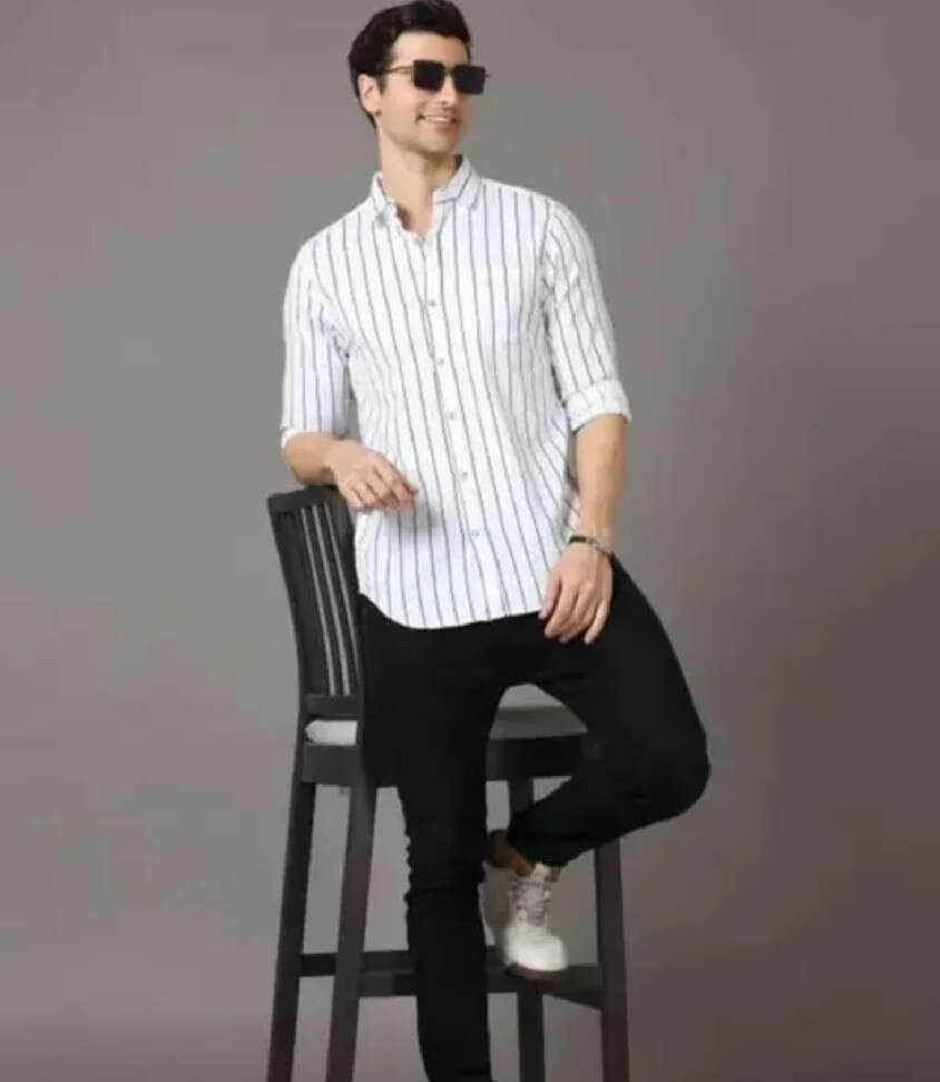 Men Striped Casual White Shirt