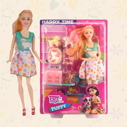 ToyMagic Happy Time Doll Green | 6-Inch Fully Movable Doll with Cute Puppy & Pet Care Accessories | Fun Roleplay Toy for Kids Age 3+ | Interactive Pretend Play Set | Dollhouse Set