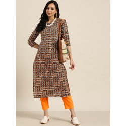 Women Black & Orange Printed Regular Pure Cotton Kurta with Trousers
