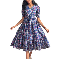 DOSPARO Women's Printed Hakoba Maxi Dress Cotton Lace Embroidered Sleeveless Boho Beach Dress with Flared Hem, Breathable & Elegant for Casual (in, Alpha, M, Regular, Women, Blue)