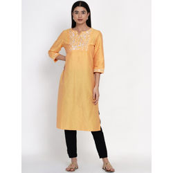 Women Yellow Ethnic Motifs Yoke Design Thread Work Kurta