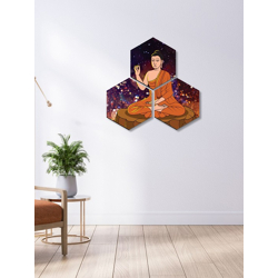 Black & Brown 3 Pieces Lord Buddha Painting Hexagon UV Textured Wall Arts