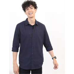 Men Navy Blue Slim Fit Cotton Casual Shirt