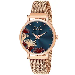LOUIS DEVIN Rose Gold Plated Mesh Chain Analog Wrist Watch for Women (Black/Blue/Rose Gold Dial) | RG162