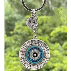 AutokraftZ Blue and Silver Round Evil Eye Keychain for Bike/Car, Anti-Rust with Key Ring, Protective Symbol for Good Luck, Ideal for Gifting, Durable and Stylish (Pack of 1)