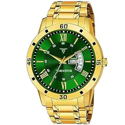 TIMEWORKS Stainless Steel Designer Golden Round Shape Day & Date Dial Men's & Boy's Analog Watch, Band Color:Gold