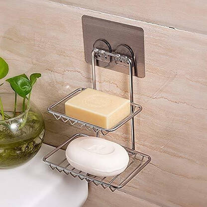 Neroxa 2 Layer Stainless Steel Soap Dish Storage Organizer Holder Self-Adhesive Waterproof Kitchen Bathroom Soaps Wall Rack Stand for washbasin no Drill Space Saver soap Holder Self For Home(Silver)