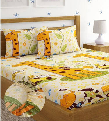 Fashancy 260 TC Cotton Double Cartoon Fitted (Elastic) Bedsheet(Pack o