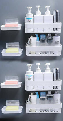 QXORE Multipurpose Kitchen Bathroom Rack Storage Shelves Bathroom Storage Rack Soap Box Stand Shower Rack ABS Plastic Storage Holder Combo with Magic Sticker Shelf ( 4 Bathroom Shelves + 4 soap Box)(White)